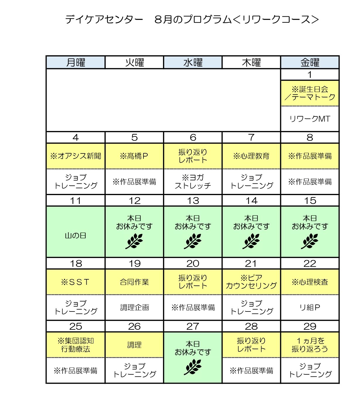 令和7年8月のリワークコースのプログラム