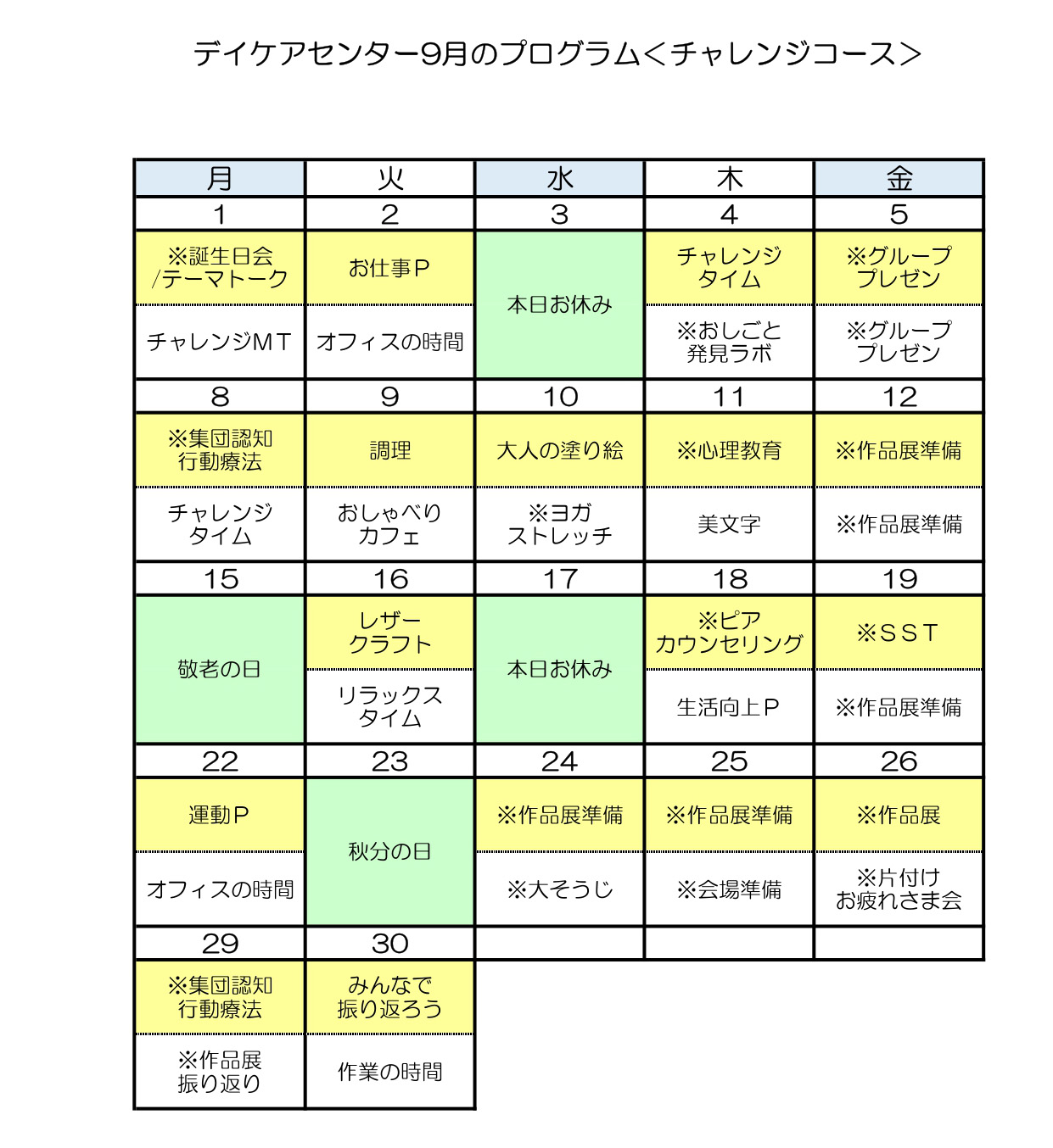 令和7年9月のチャレンジコースのプログラム
