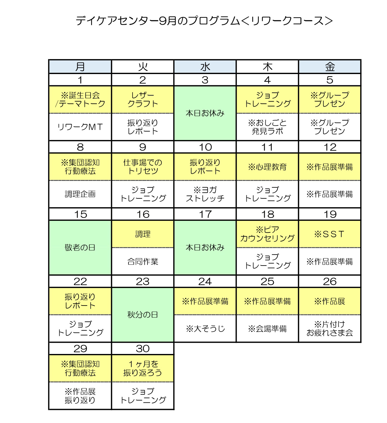 令和7年9月のリワークコースのプログラム