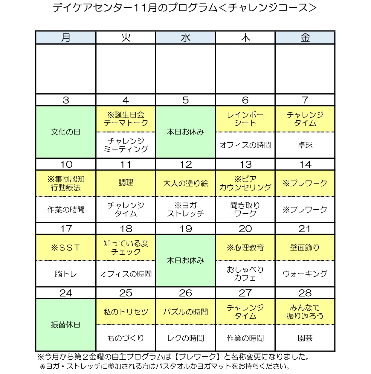 令和7年11月のチャレンジコースのプログラム
